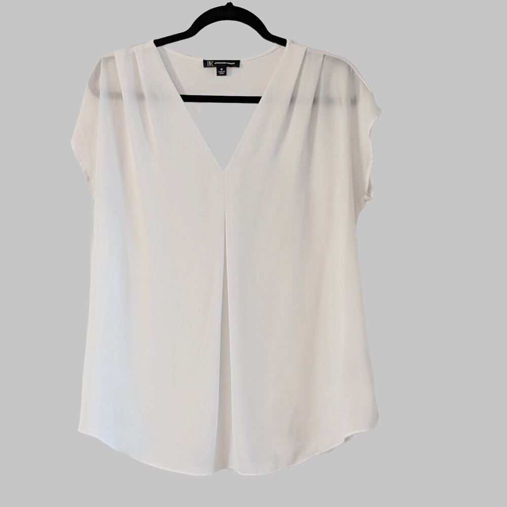 INC International Concepts White Mixed Media V-Neck Blouse Medium Minimalist